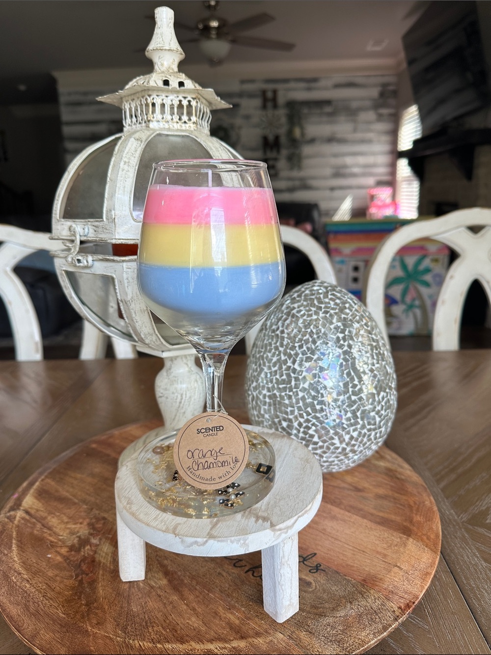 Layered Pink, Yellow & Blue Scented Wine Glass Candle